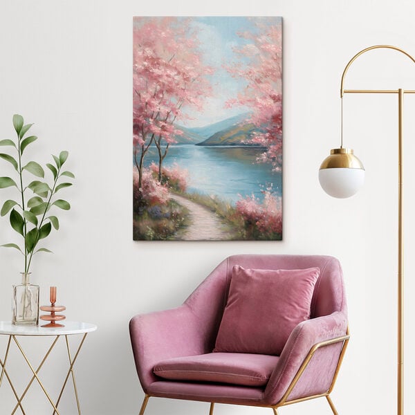 Painting of a lake with pink flowers
