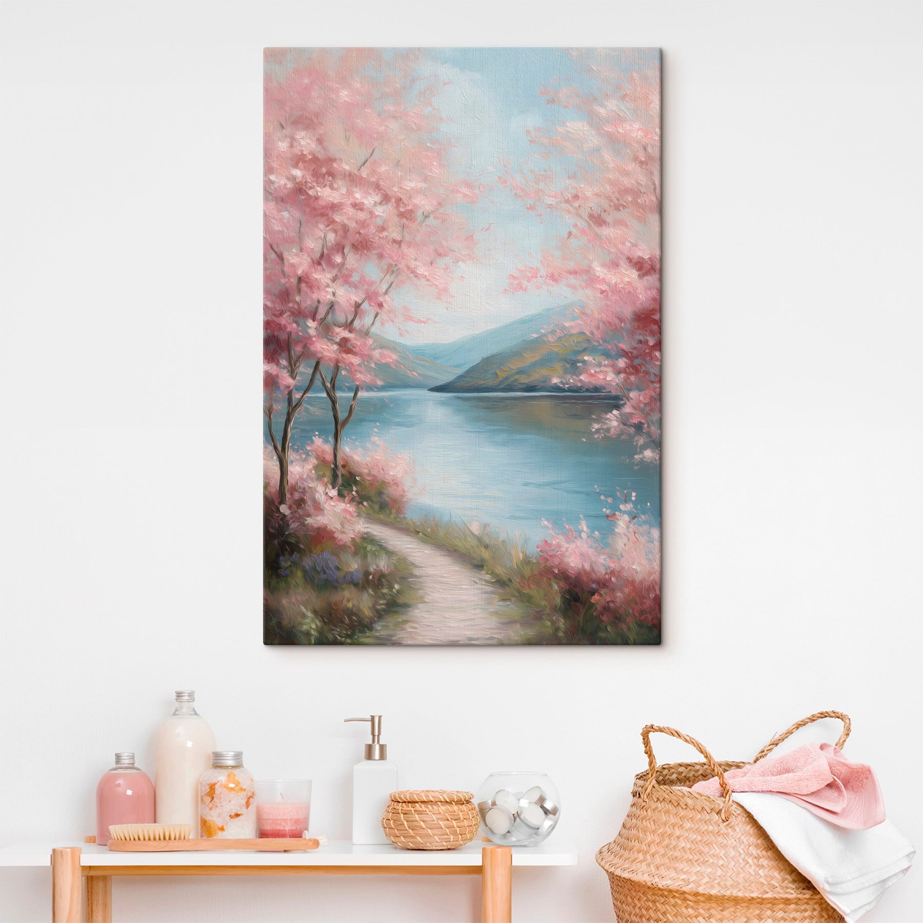 Painting of a lake with pink flowers