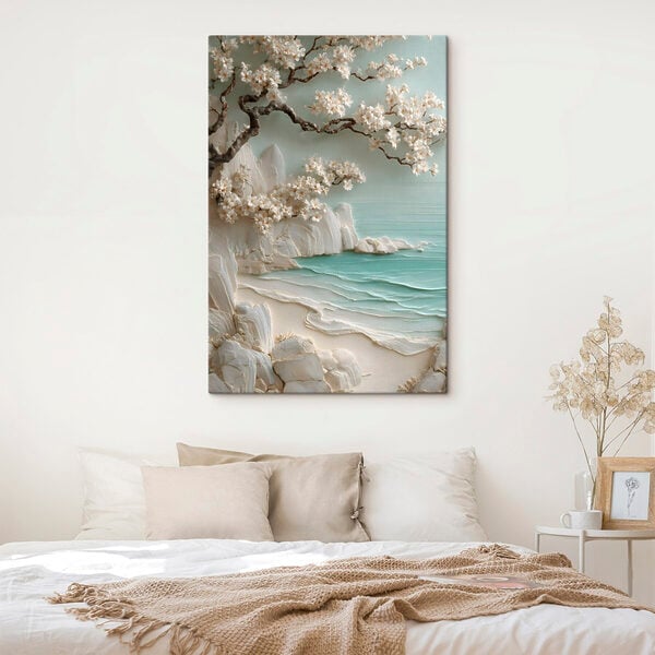 Painting of a beach with white flowers and a tree