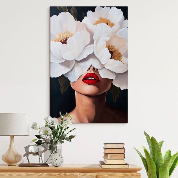 Painting of a woman with flowers over her face