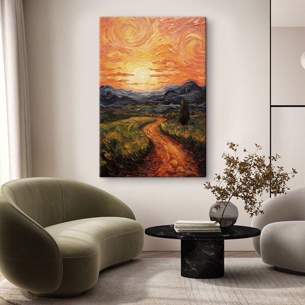 Painting of a road through a field with mountains and sun