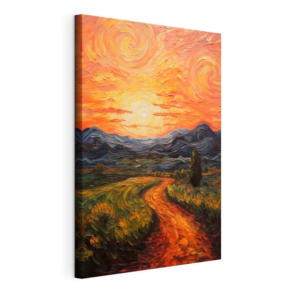 Painting of a road through a field with mountains and sun