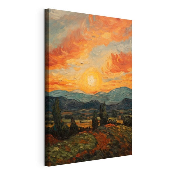 Painting of a landscape with trees and mountains