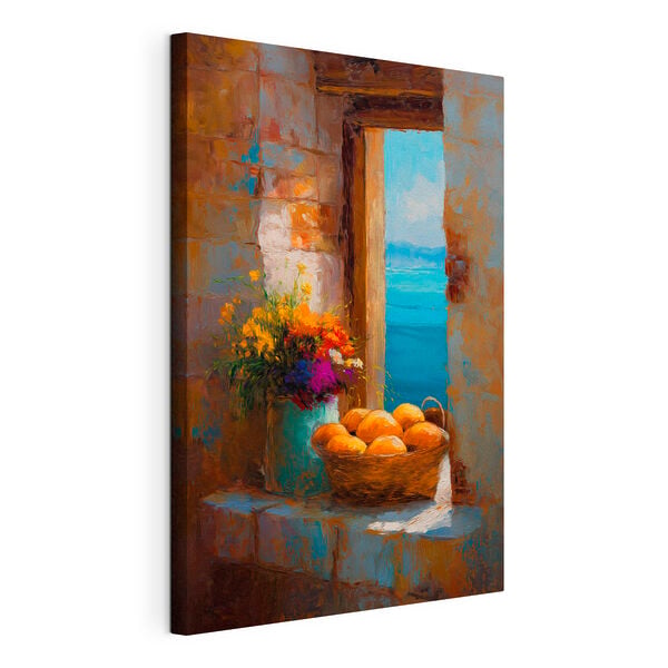 Basket of flowers and a vase of bread