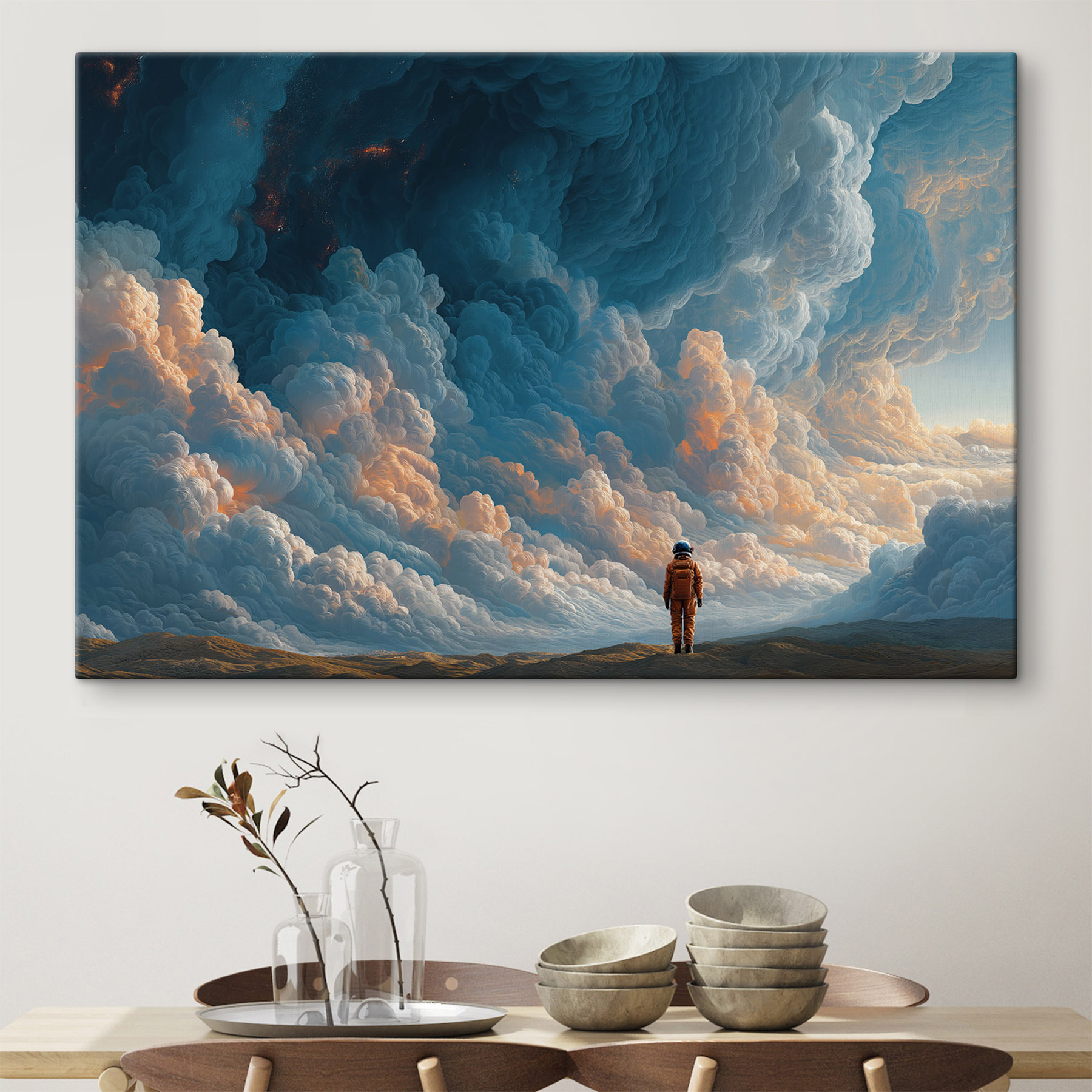 Person standing in a desert with clouds in the background