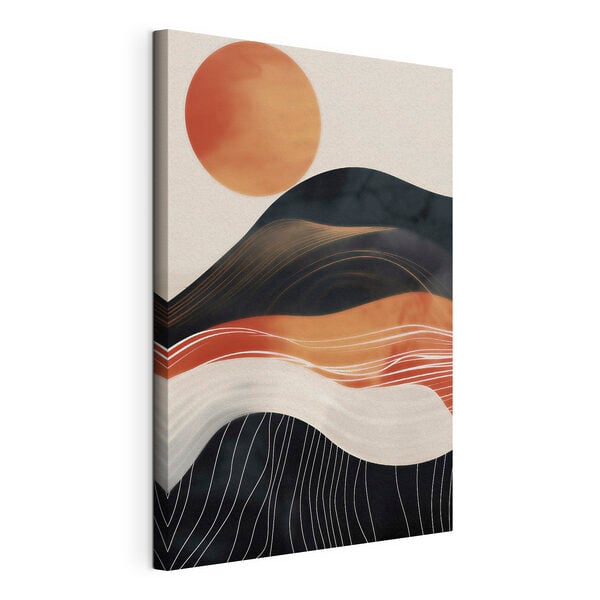 Painting of a mountain with a sun behind it