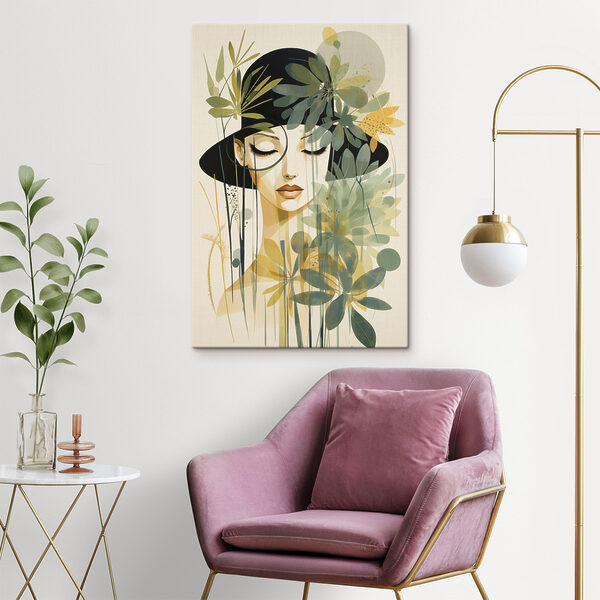 Woman with black hat and green leaves