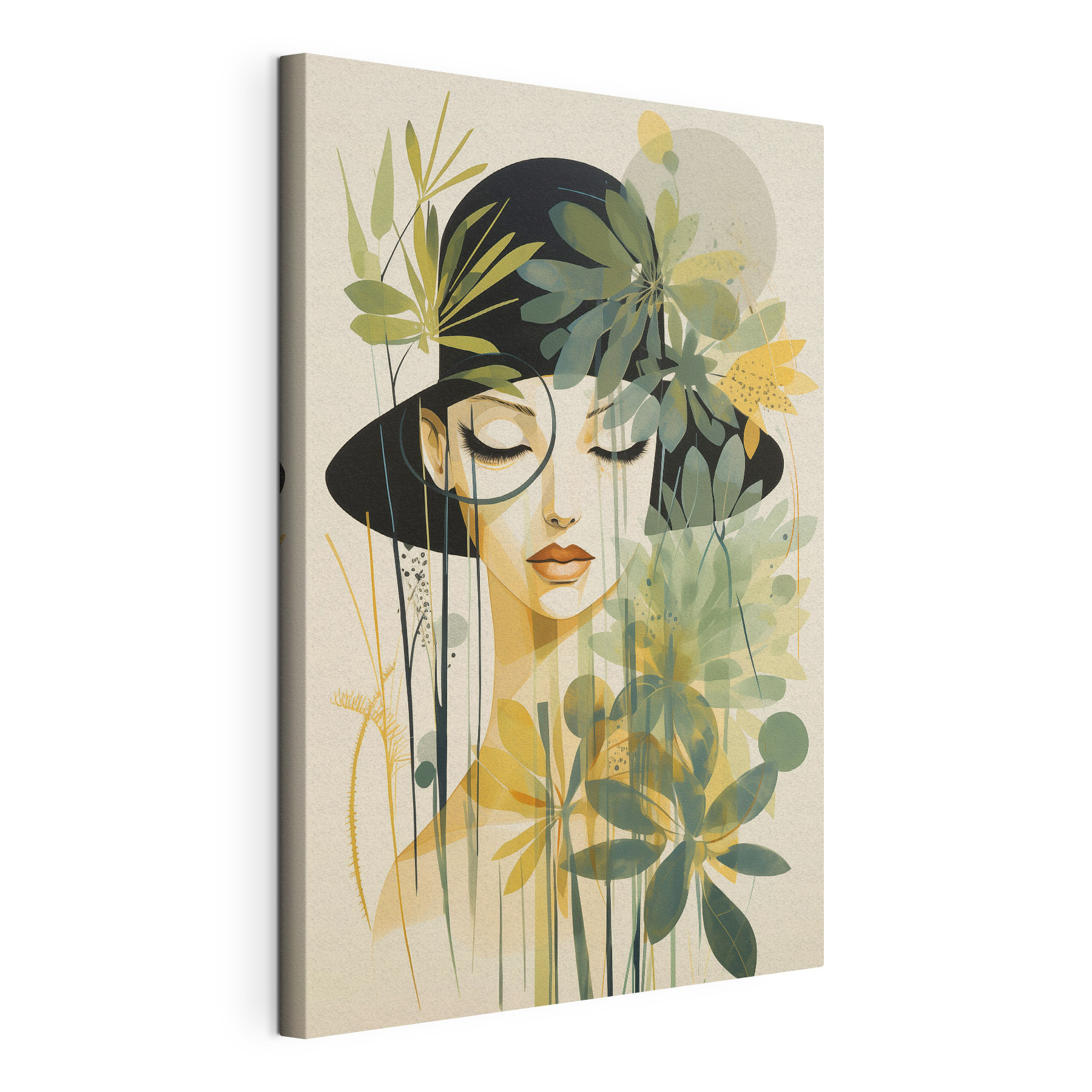 Woman with black hat and green leaves