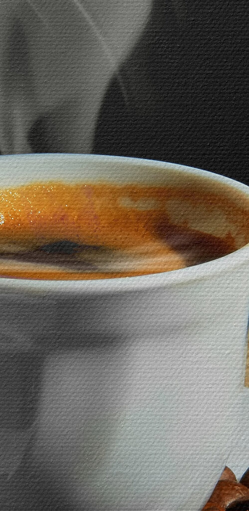A cup of coffee with smoke on a saucer and beans