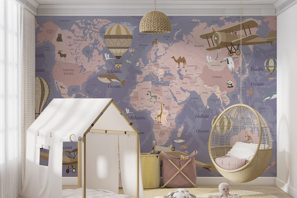 A map of the world with airplanes and hot air balloons A map of the world with airplanes and hot air balloons